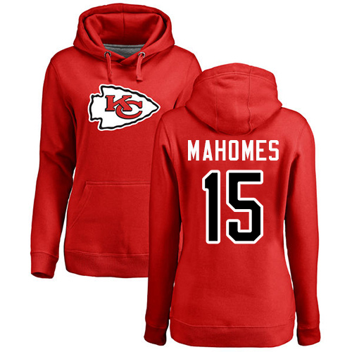 Women Football Kansas City Chiefs #15 Mahomes Patrick Red Name and Number Logo Pullover Hoodie